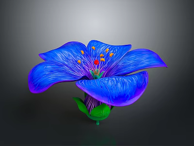 Bonsai Plant with Blue Flower Purple Petals Yellow Stamens and Green Stem Leaves 3d model