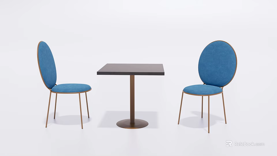 Modern Table and Chair Set With Square Dark Tabletop And Round Back Blue Chairs 3d model