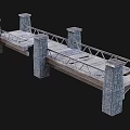 Wooden Bridge Structure With Stone Pillars And Wooden Planks Railings