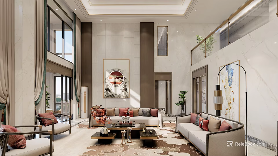 Elegant Duplex Living Room Interior With Double Height Ceiling Sofa Coffee Table And Green Plants 3d model 