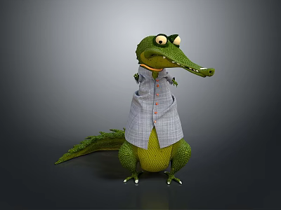 Animated Green Crocodile Game Movie Character In Plaid Shirt With Big Eyes 3d model