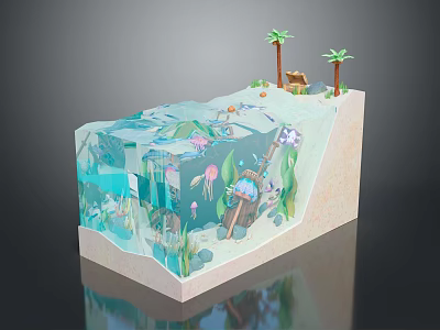 Cartoon Underwater Beach Scene with Transparent Water Jellyfish Fish Underwater Plants Palm Trees and Cabin 3d model