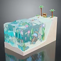 Cartoon Underwater Beach Scene with Transparent Water Jellyfish Fish Underwater Plants Palm Trees and Cabin