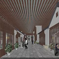 Charming Restaurant Corridor Space With Wooden Ceiling Glass Windows Green Plants And Walking People