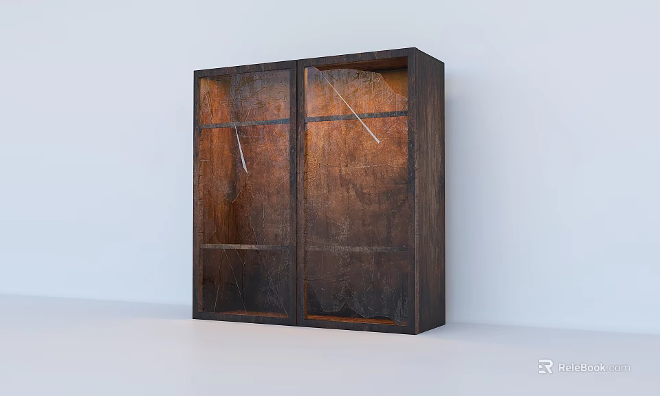 Dark Wood Cabinet With Double Glass Doors And Wood Grain Surface In Light Background 3d model 