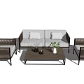 Outdoor Sofa With Wicker Design Gray Cushions Coffee Table And Decorative Plants 3d model
