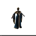 Elegant Female Fantasy Character In Blue And Gold Embroidered Gown With Flowing Sleeves