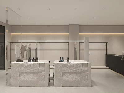 Modern Elegant Clothing Store Open Layout With Marble Counters Clothing Racks And Display Area 3d model
