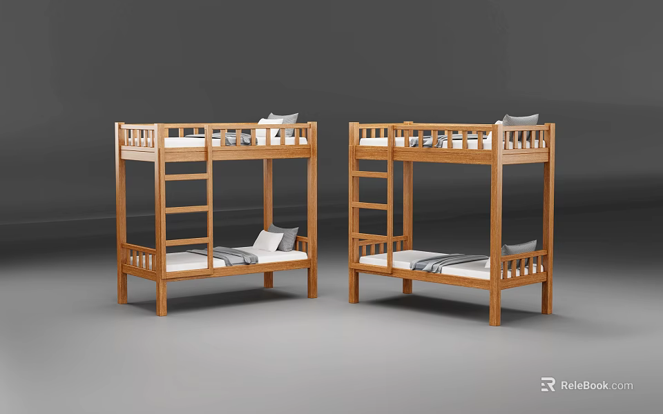 Two Wooden Bunk Beds With Ladder Design And White Mattresses 3d model 
