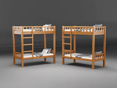 Two Wooden Bunk Beds With Ladder Design And White Mattresses 3d model