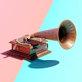 Vintage Wooden Phonograph With Horn Speaker And Turntable On Colorful Background