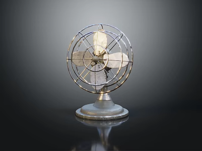 Retro Metal Table Fan With Circular Wire Guard And Silver Base Design 3d model