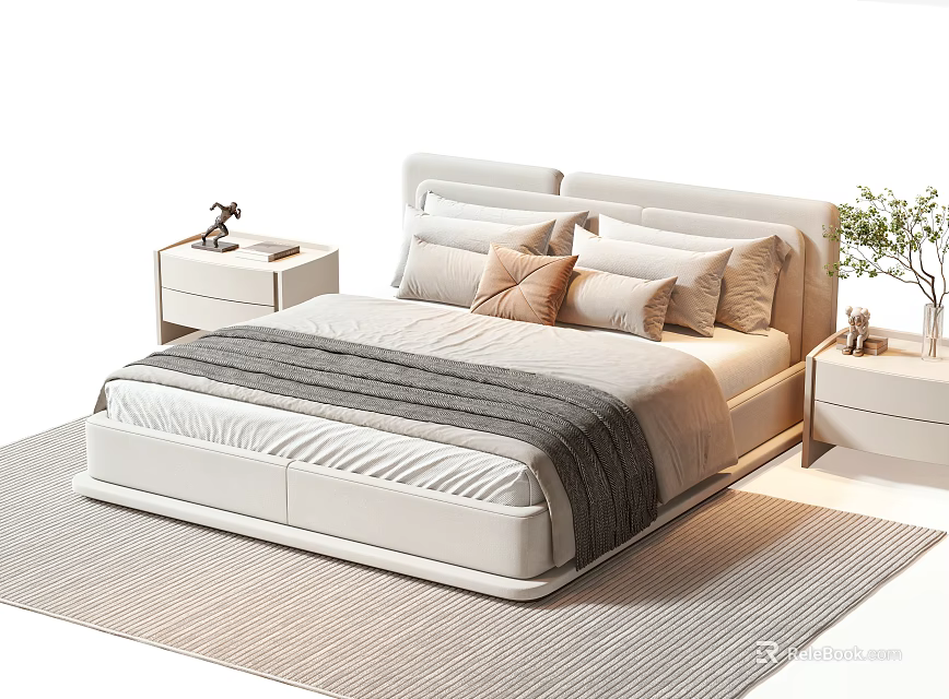 Modern Double Bed With Bedside Tables Pillows Blanket And Green Plant On Rug 3d model 