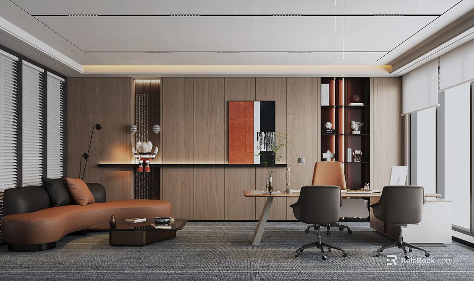 Elegant Modern Office Interior With Leather Sofa Wooden Wall Desk Bookshelf And Plants 3d model 