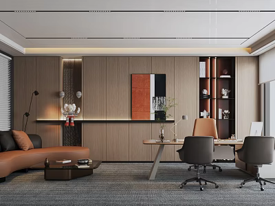 Elegant Modern Office Interior With Leather Sofa Wooden Wall Desk Bookshelf And Plants 3d model