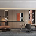 Elegant Modern Office Interior With Leather Sofa Wooden Wall Desk Bookshelf And Plants