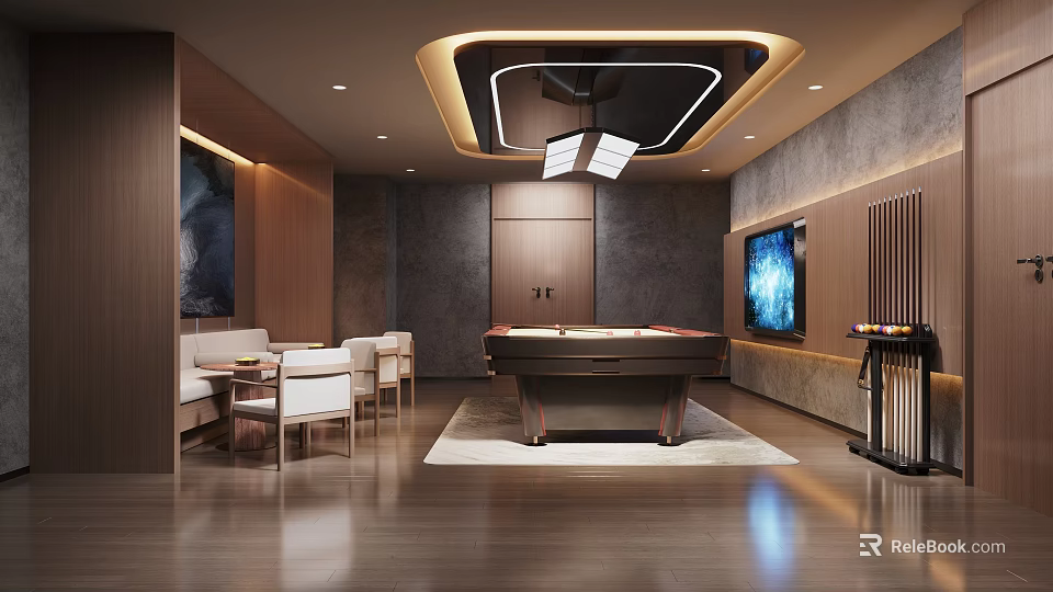 Modern Recreation Room With Pool Table Sofa Chairs TV Wooden Decor And Ceiling Lighting 3d model 