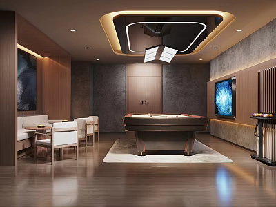Modern Recreation Room With Pool Table Sofa Chairs TV Wooden Decor And Ceiling Lighting 3d model