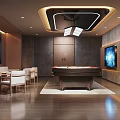 Modern Recreation Room With Pool Table Sofa Chairs TV Wooden Decor And Ceiling Lighting