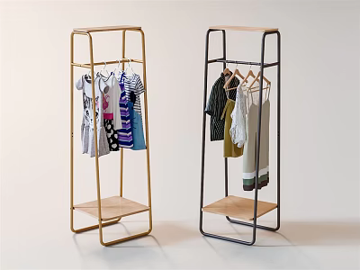 Modern Clothes Racks with Gold and Black Frames and Wooden Shelves Hanging Various Dresses and Shirts 3d model