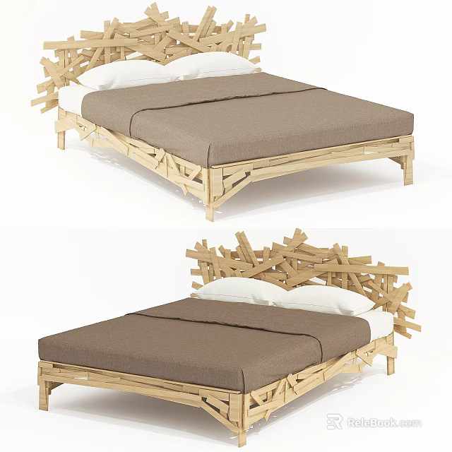 Double Bed With Wooden Frame Unique Crossed Slats Headboard Brown Mattress And White Pillows 3d model 