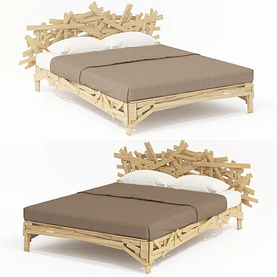 Double Bed With Wooden Frame Unique Crossed Slats Headboard Brown Mattress And White Pillows 3d model