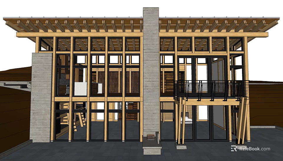 Traditional Architecture With Two Story Wooden Structure Glass Doors And Stone Walls 3d model 