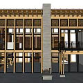 Traditional Architecture With Two Story Wooden Structure Glass Doors And Stone Walls