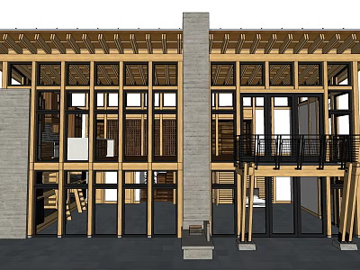 Traditional Architecture With Two Story Wooden Structure Glass Doors And Stone Walls 3d model