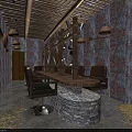 Rustic Style Beauty Hair Salon With Wooden Decor Stone Walls And Hanging Lamps