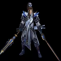 Game Movie Character Armored Warrior In Blue Silver Armor With Long Hair Sword And Spear