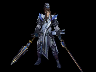 Game Movie Character Armored Warrior In Blue Silver Armor With Long Hair Sword And Spear 3d model