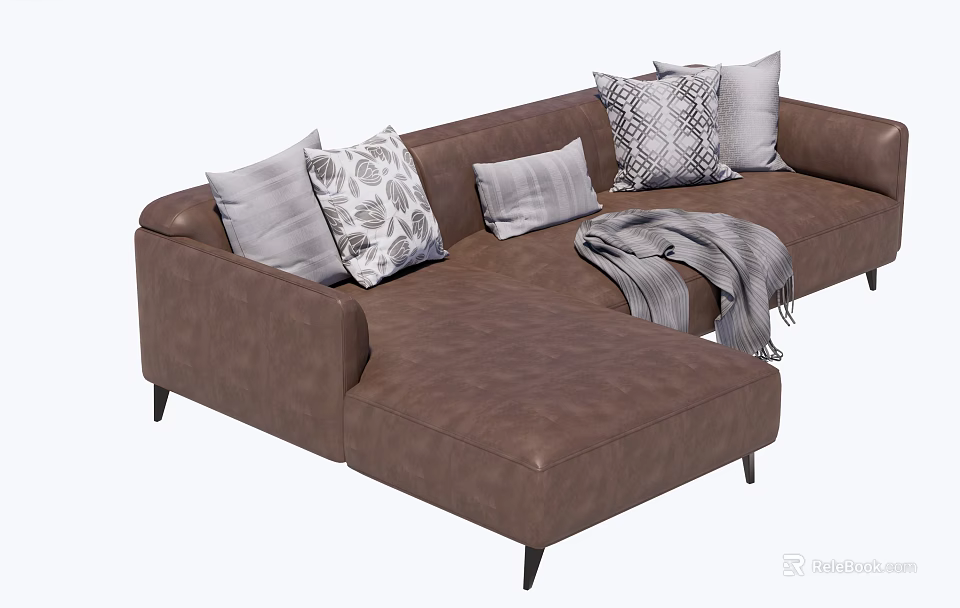 Brown Leather Sectional Sofa With Decorative Pillows And Cozy Throw Blanket 3d model