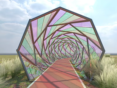 Geometric Pergola Design With Colorful Glass Panels And Red Pathway 3d model