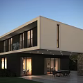 Modern Detached Villa Featuring White Exterior Stone Wall Floor to Ceiling Windows and Lush Lawn