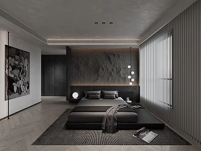 Modern Minimalist Bedroom Featuring Textured Headboard Wall Dark Bed Artwork Slatted Blinds And Area Rug 3d model