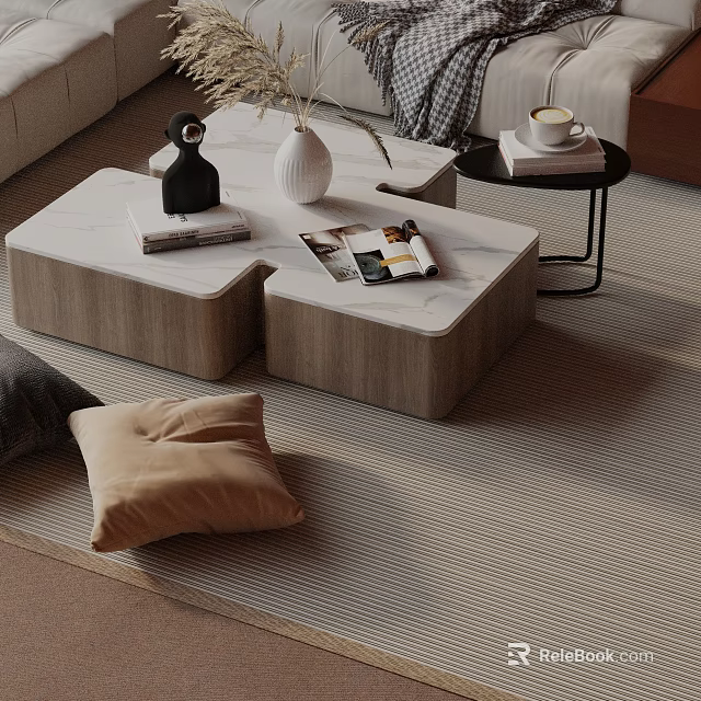 Modern Sofa and Coffee Table Set With Marble Top Wooden Frame And Decorative Pillows 3d model 