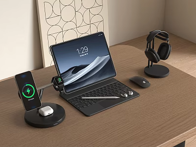 Modern Desktop Tech Setup With Tablet Smartphone Headphones Mouse Keyboard And Charging Dock 3d model
