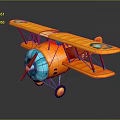 Detailed Orange Vintage Biplane Model with Blue Propeller and Wheels on Dark Background