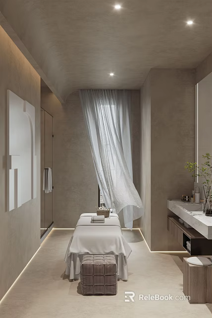 Serene SPA Sauna Interior With Massage Bed White Curtains And Soft Lighting 3d model 