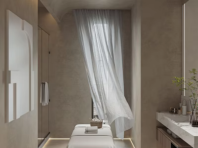 Serene SPA Sauna Interior With Massage Bed White Curtains And Soft Lighting 3d model