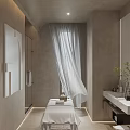 Serene SPA Sauna Interior With Massage Bed White Curtains And Soft Lighting