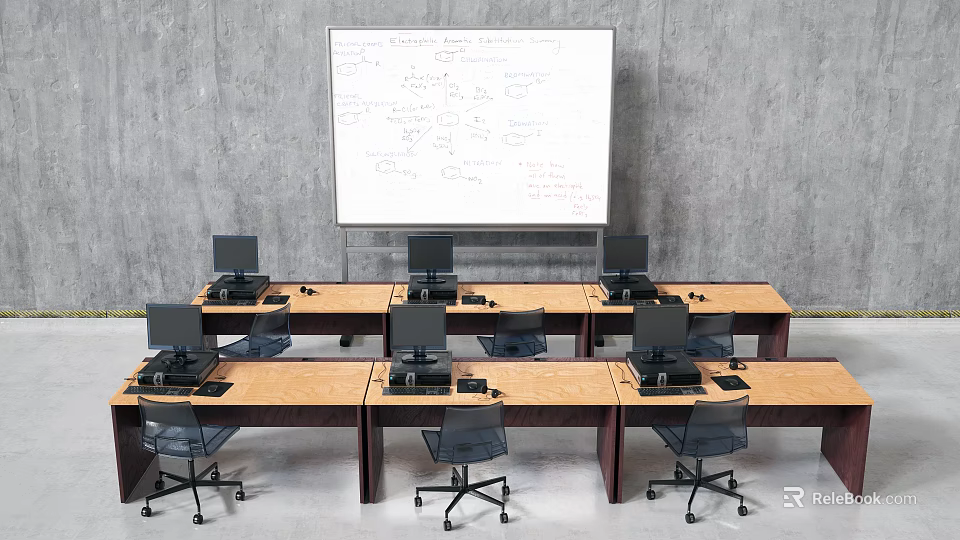 Desk and Chair Set with Computers in Front of Whiteboard Modern Training Room 3d model 