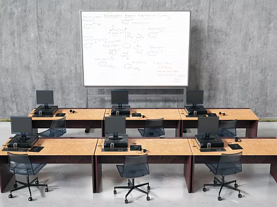 Desk and Chair Set with Computers in Front of Whiteboard Modern Training Room 3d model