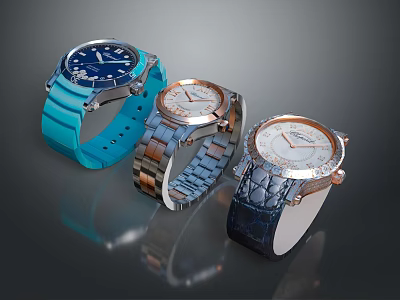 Stylish Modern Watches Collection With Blue Leather And Stainless Steel Straps 3d model