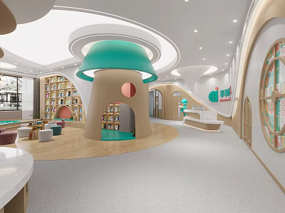 Vibrant Kindergarten Interior Design With Mushroom Shaped Green Roof Bookshelves And Colorful Seats 3d model