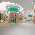 Vibrant Kindergarten Interior Design With Mushroom Shaped Green Roof Bookshelves And Colorful Seats