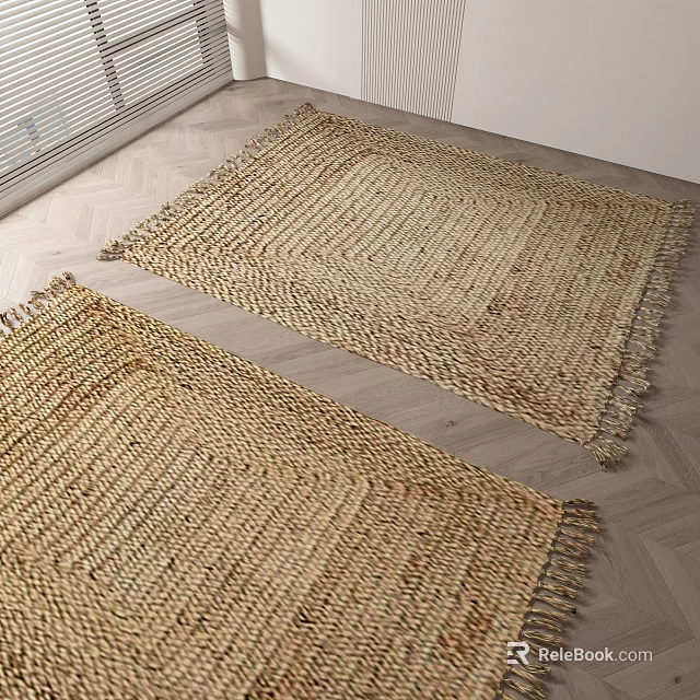 Natural Woven Square Rugs in Room with Wooden Floor 3d model 