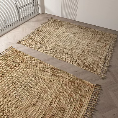 Natural Woven Square Rugs in Room with Wooden Floor 3d model