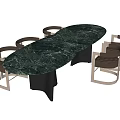 Elegant Upholstered Dining Chairs With Metal Frame Around Green Marble Oval Table